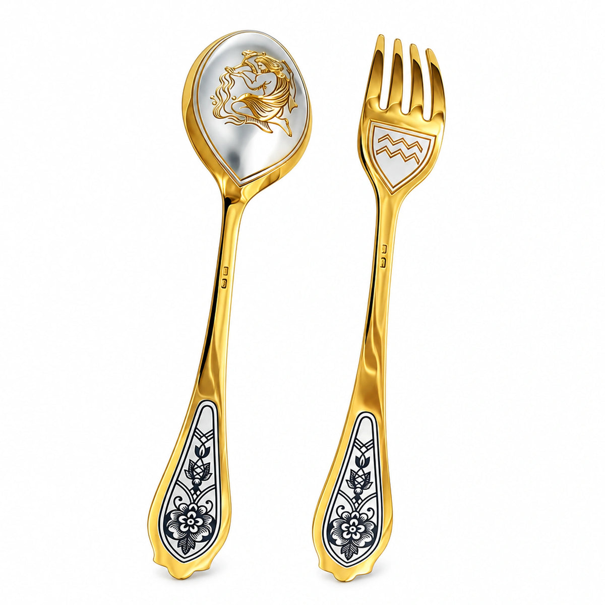 Dessertbesteck Wassermann 925 Silber vergoldet: Löffel mit Figur und Wasserkrug, Gabel mit Symbol, Niello-Blüten