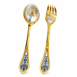 Dessertbesteck Wassermann 925 Silber vergoldet: Löffel mit Figur und Wasserkrug, Gabel mit Symbol, Niello-Blüten