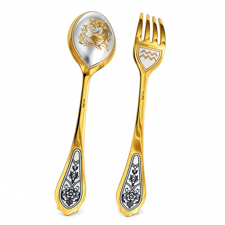 Dessertbesteck Wassermann 925 Silber vergoldet: Löffel mit Figur und Wasserkrug, Gabel mit Symbol, Niello-Blüten