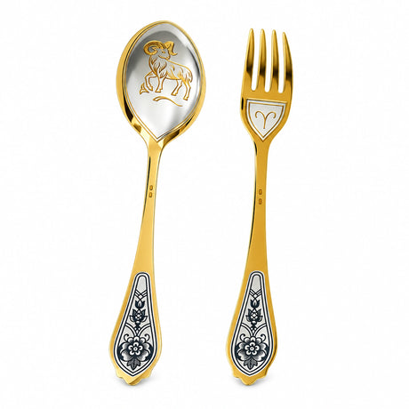 Dessertbesteck Widder 925 Silber vergoldet: Löffel mit Widder-Bild, Gabel mit Symbol, Niello-Blüten am Griff