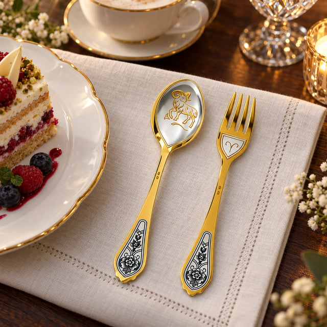 Dessertbesteck Sternzeichen Widder aus 925 Silber vergoldet neben einem Dessertteller mit Torte – vergoldetes Widder-Bild im Löffel, Symbol auf der Gabel