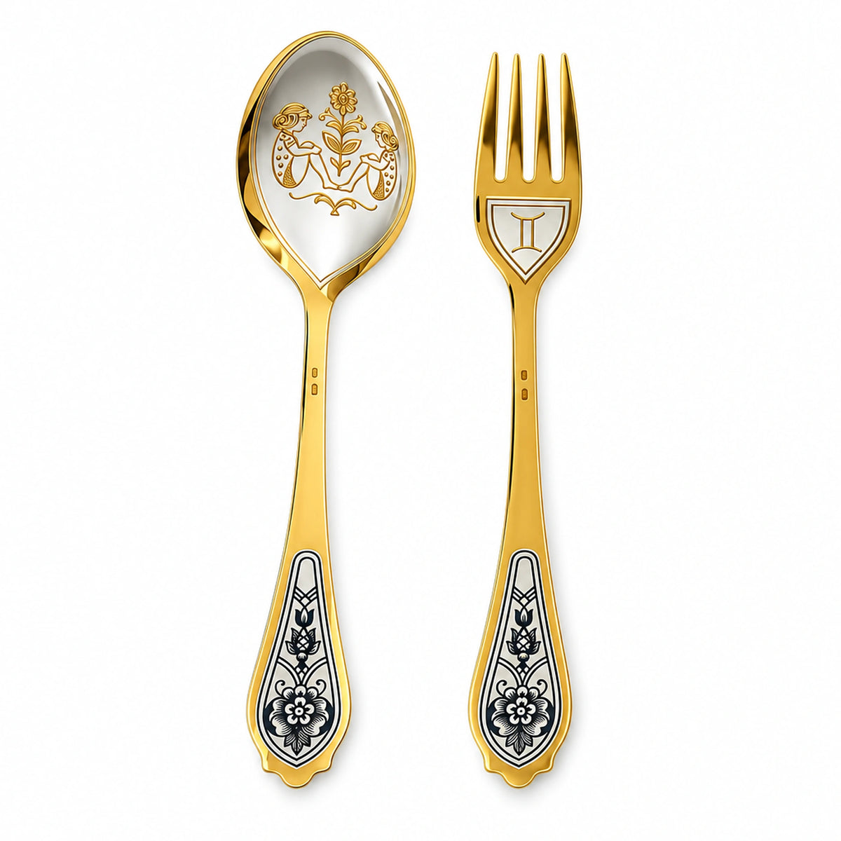 Dessertbesteck Zwillinge 925 Silber vergoldet: Löffel mit zwei Figuren und Blumenzweig, Gabel mit Symbol, Niello-Blüten