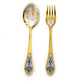 Dessertbesteck Zwillinge 925 Silber vergoldet: Löffel mit zwei Figuren und Blumenzweig, Gabel mit Symbol, Niello-Blüten