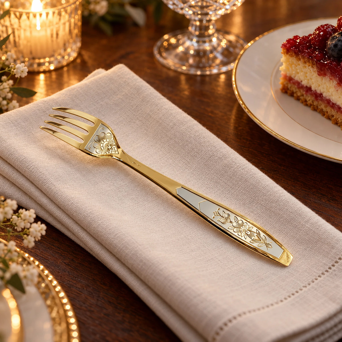 Dessertgabel 925 Silber vergoldet Astra Non-Niello — Lifestyle-Setting an der gedeckten Tafel
