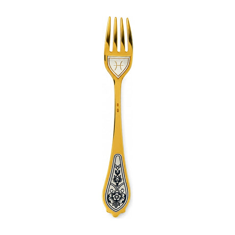 Dessertgabel Fische 925 Silber vergoldet, Fische-Symbol unter den Zinken, Niello-Blüte am Griff