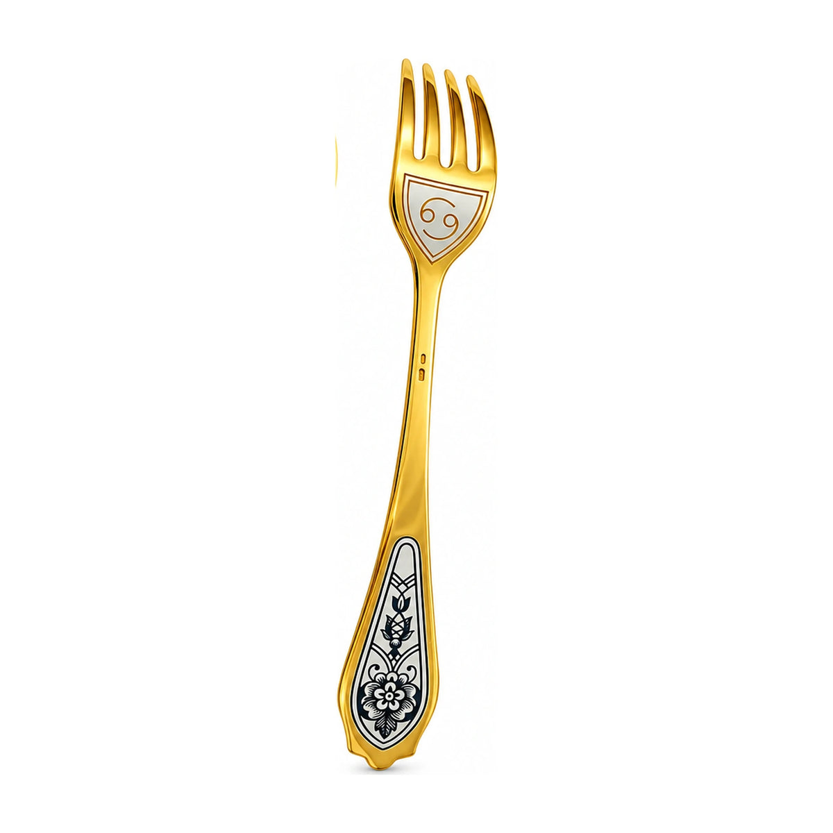 Dessertgabel Krebs 925 Silber vergoldet, Krebs-Symbol unter den Zinken, Niello-Blüte am Griff