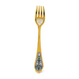 Dessertgabel Löwe 925 Silber vergoldet, Löwe-Symbol unter den Zinken, Niello-Blüte am Griff