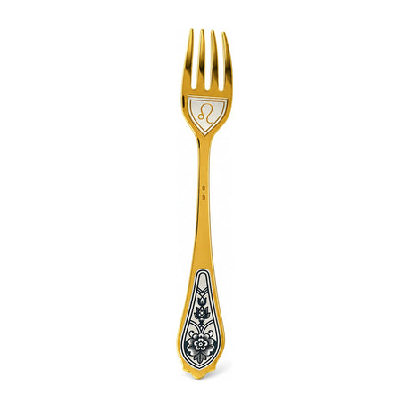 Dessertgabel Löwe 925 Silber vergoldet, Löwe-Symbol unter den Zinken, Niello-Blüte am Griff