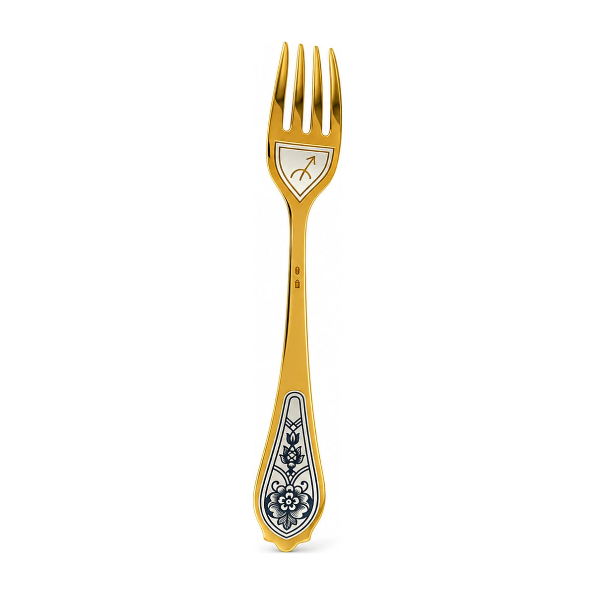 Dessertgabel Schütze 925 Silber vergoldet, Schütze-Symbol unter den Zinken, Niello-Blüte am Griff