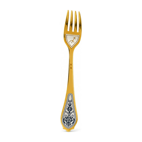 Dessertgabel Schütze 925 Silber vergoldet, Schütze-Symbol unter den Zinken, Niello-Blüte am Griff