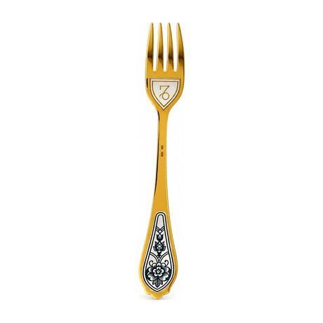 Dessertgabel Steinbock 925 Silber vergoldet, Steinbock-Symbol unter den Zinken, Niello-Blüte am Griff