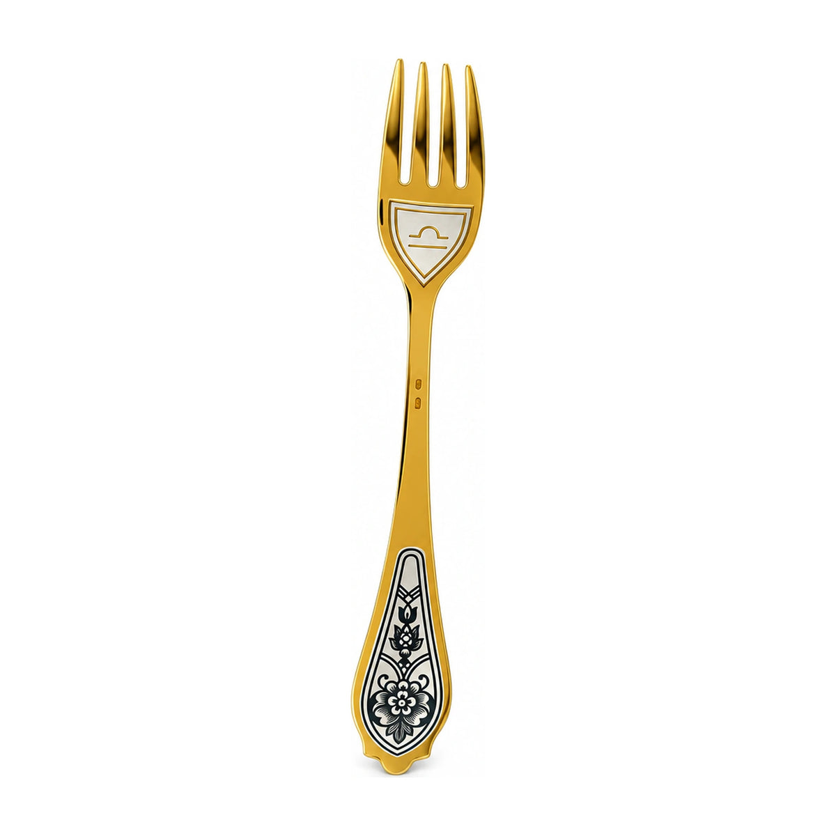 Dessertgabel Waage 925 Silber vergoldet, Waage-Symbol unter den Zinken, Niello-Blüte am Griff