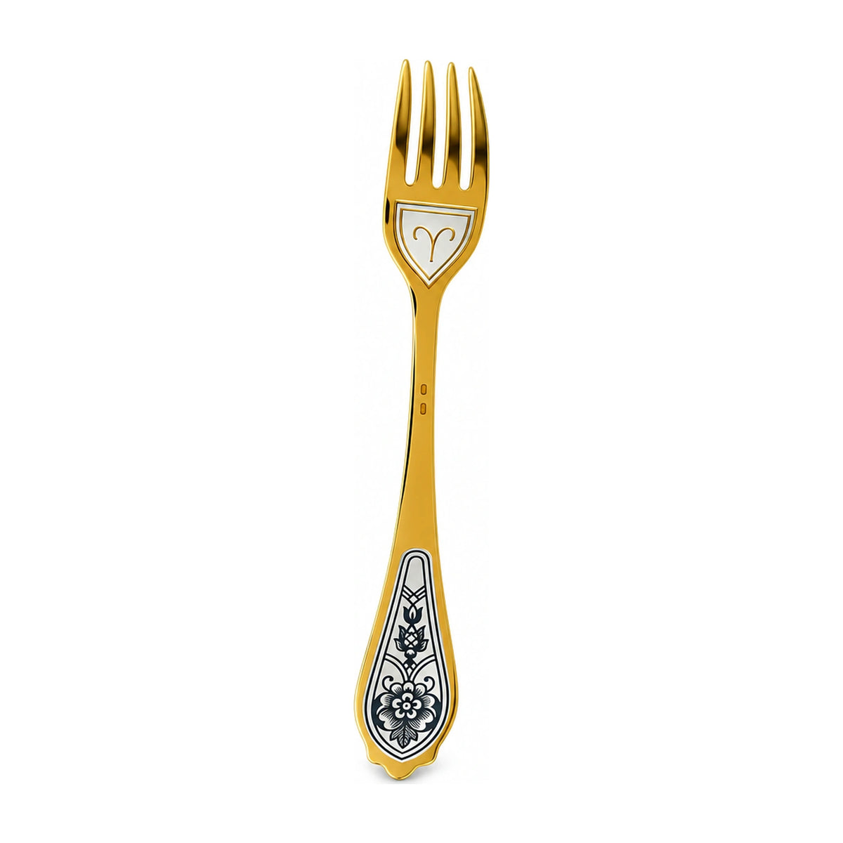 Dessertgabel Widder 925 Silber vergoldet, Widder-Symbol unter den Zinken, Niello-Blüte am Griff