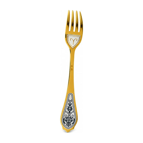 Dessertgabel Widder 925 Silber vergoldet, Widder-Symbol unter den Zinken, Niello-Blüte am Griff