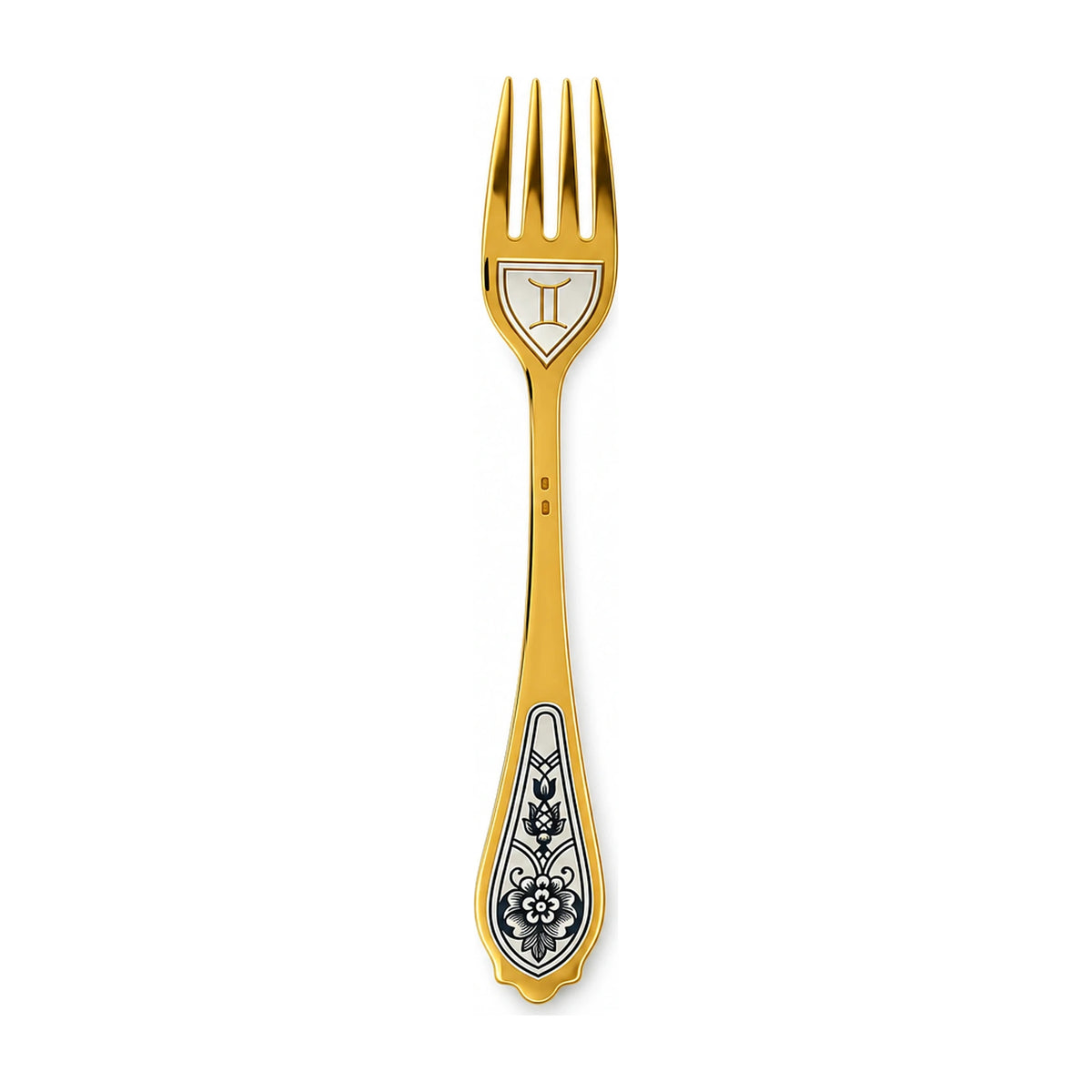 Dessertgabel Zwillinge 925 Silber vergoldet, Zwillinge-Symbol unter den Zinken, Niello-Blüte am Griff