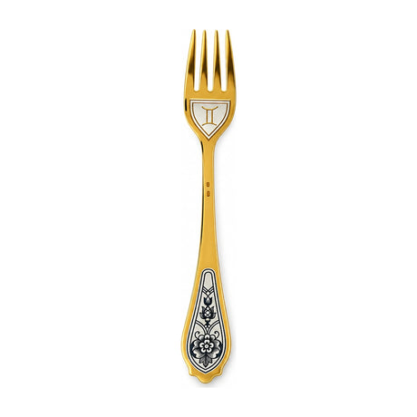 Dessertgabel Zwillinge 925 Silber vergoldet, Zwillinge-Symbol unter den Zinken, Niello-Blüte am Griff