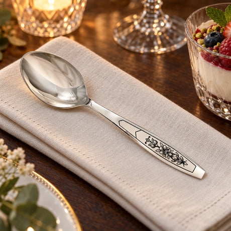 Dessertlöffel 925 Silber Astra Black — Lifestyle-Setting an der gedeckten Tafel
