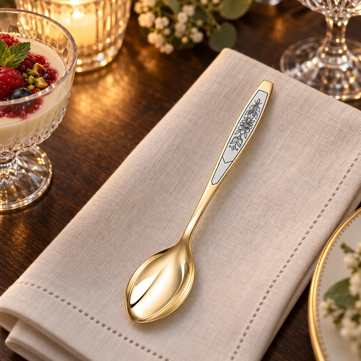 Vergoldeter Dessertlöffel aus 925er Silber — Lifestyle-Setting an der gedeckten Tafel