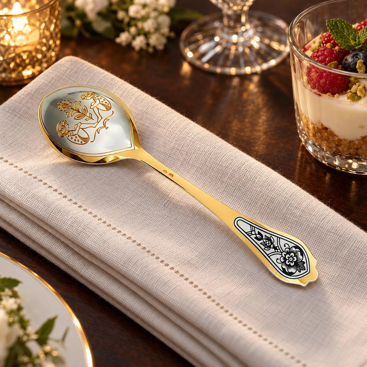 Dessertlöffel 925 Silber — Lifestyle-Setting an der gedeckten Tafel
