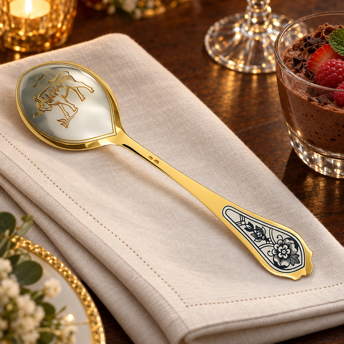 Dessertlöffel 925 Silber — Lifestyle-Setting an der gedeckten Tafel