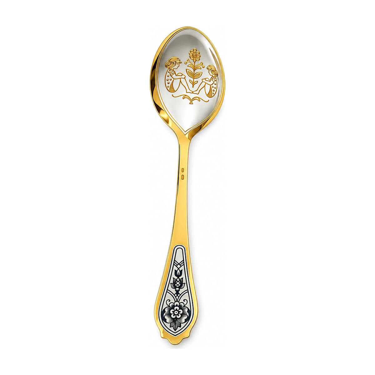 Dessertlöffel Zwillinge 925 Silber vergoldet, zwei Figuren mit Blumenzweig in der Laffe, Niello-Blüte am Griff