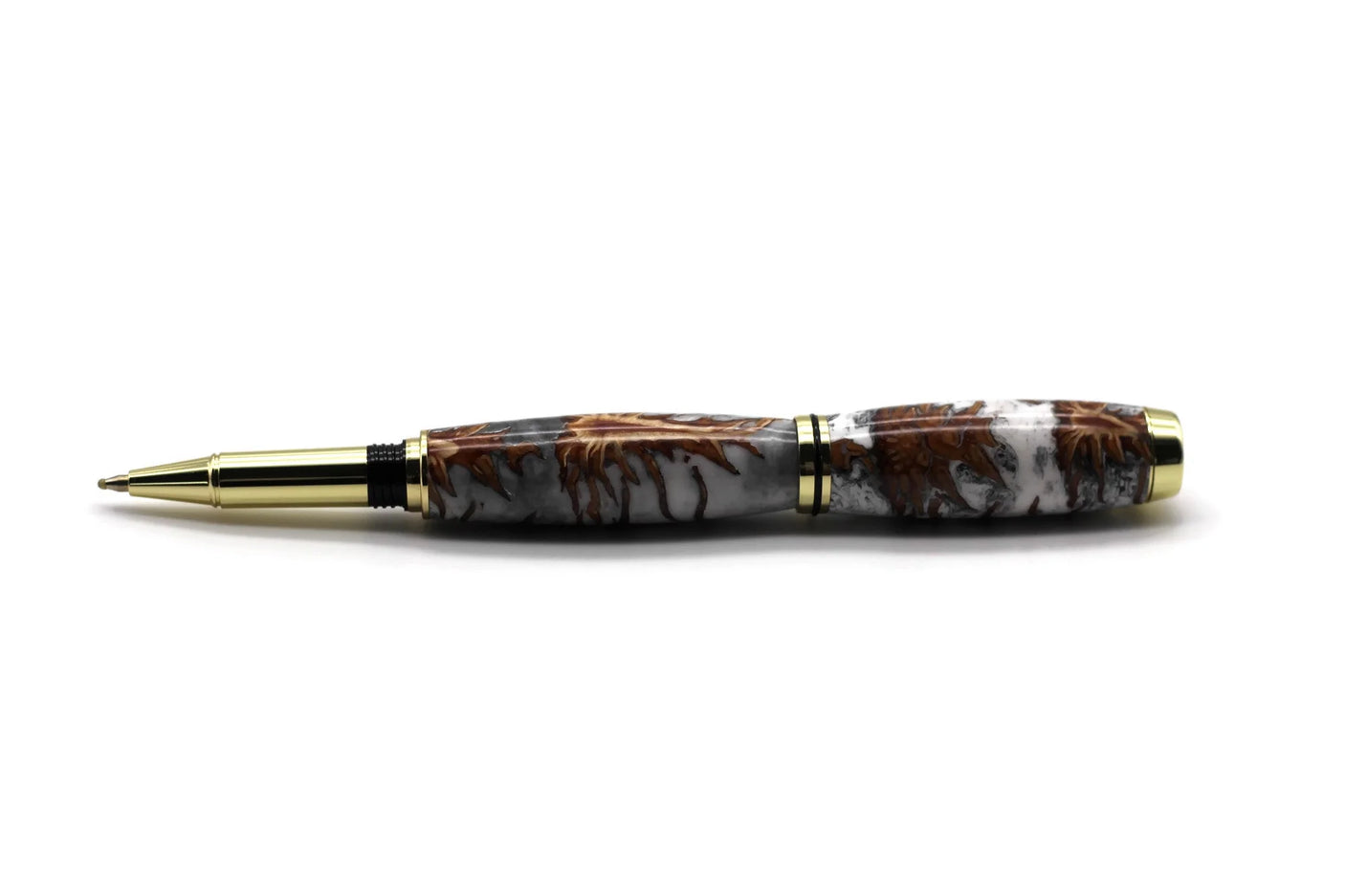 Kugelschreiber Kiefernzapfen-Acryl-Hybrid Edelholz — liegende Frontalansicht, Schaft grau-weiß marmoriert
