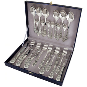 Elegantes, 24-teiliges Silberbesteck-Set im Fest Design aus 925 Sterling Silber mit Niello-Verzierung im luxuriösen Koffer.