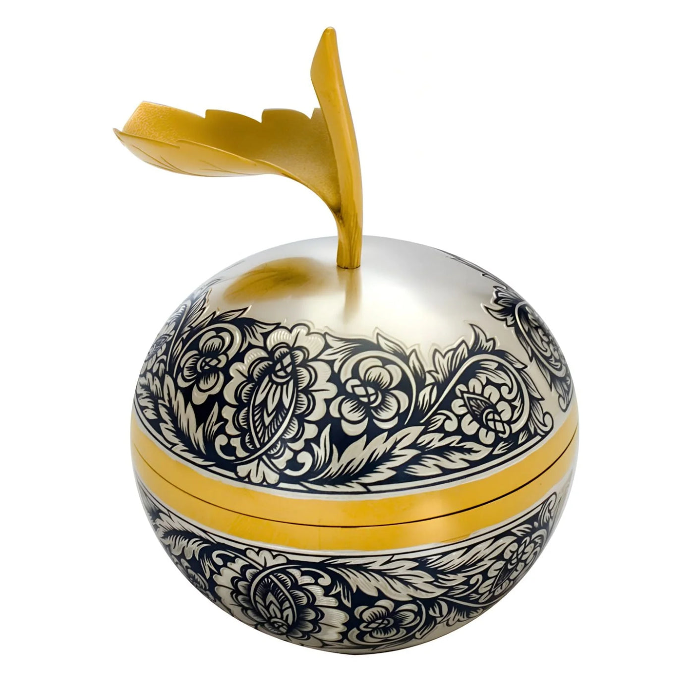 Schmuckschatulle Apfel 925 Silber Niello — apfelförmige Dose mit dunklem Floralornament, Goldband und vergoldetem Blattgriff