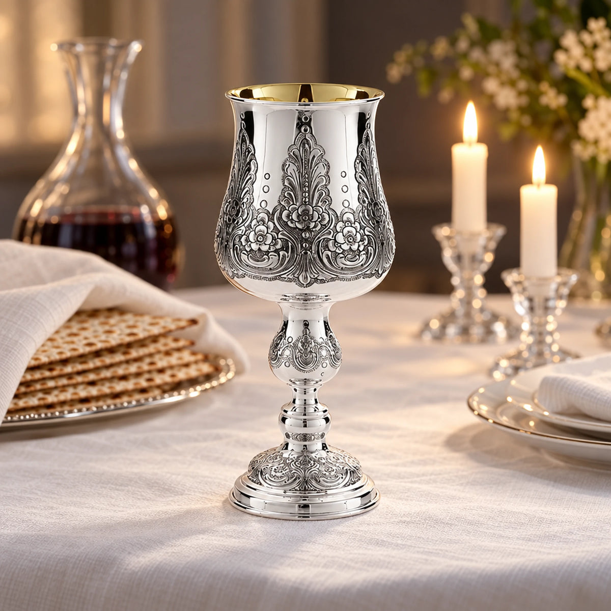 Eliyahu-Becher 925 Silber Signature Light — Lifestyle-Setting am Sedertisch