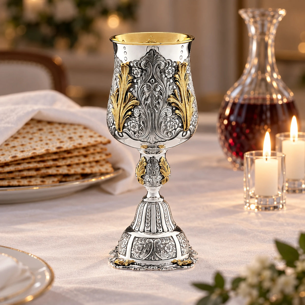 Eliyahu-Becher 925 Silber Signature teilvergoldet — Lifestyle-Setting am Sedertisch