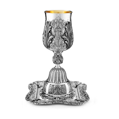 Eliyahu-Set 925 Silber Signature 50 cm — großer Becher mit Blattspitzen und quadratischer Teller 37,5 cm, Zaramella