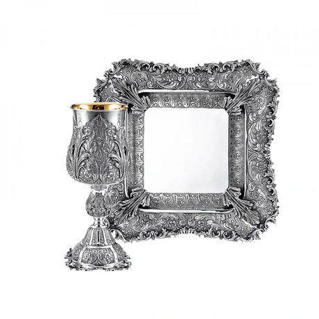Eliyahu-Set 925 Silber Signature — Becher mit Blattspitzen und quadratischer Teller mit Eckvoluten, Zaramella