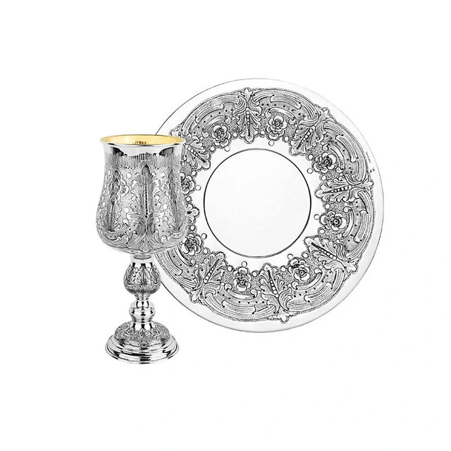 Eliyahu-Set 925 Silber Signature — ziselierter Becher 28 cm mit passendem runden Teller, Zaramella Italien