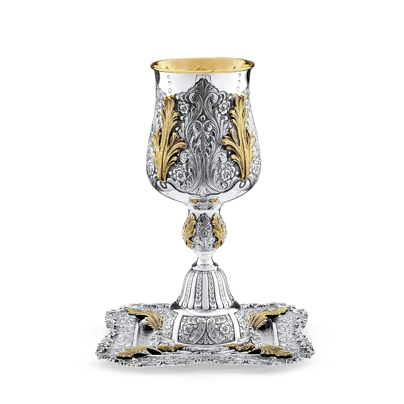 Eliyahu-Set 925 Silber Signature teilvergoldet — vergoldete Blattspitzen am Becher, Eckvoluten am Teller, Zaramella