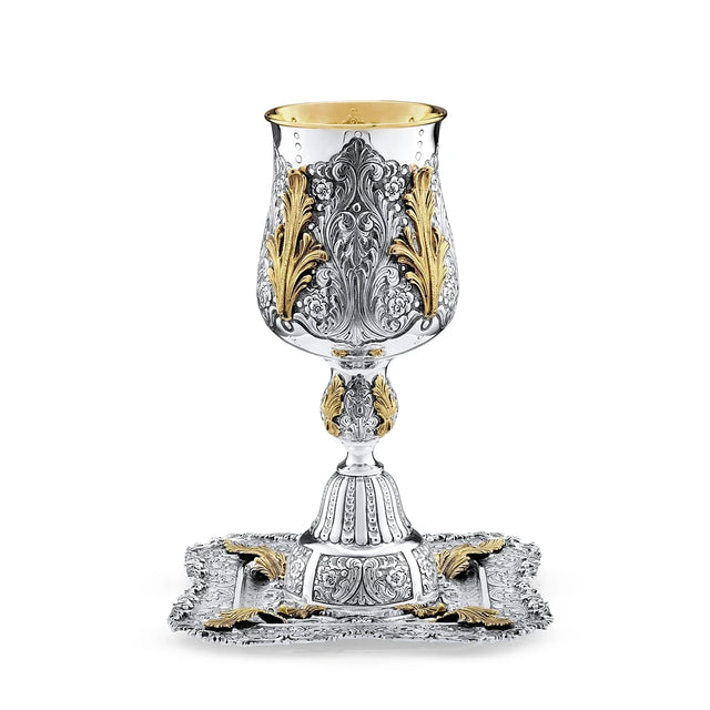 Eliyahu-Set 925 Silber Signature teilvergoldet — vergoldete Blattspitzen am Becher, Eckvoluten am Teller, Zaramella