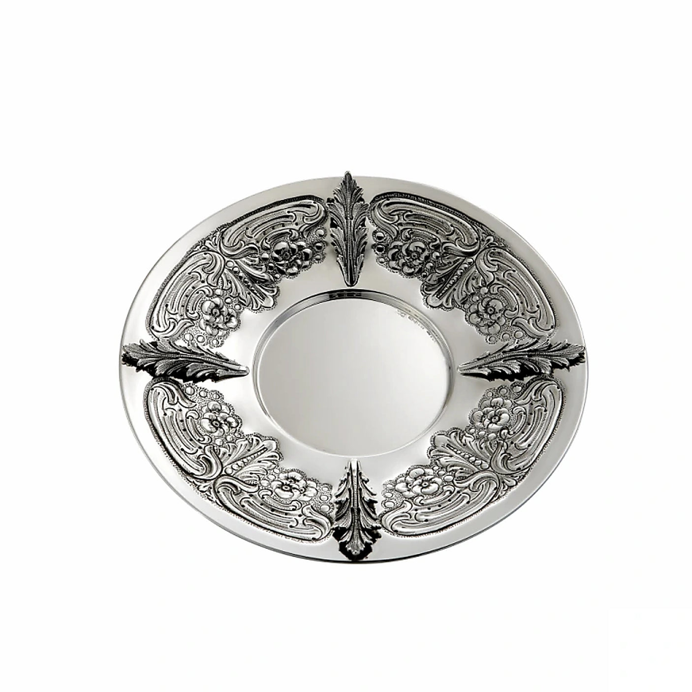 Eliyahu-Teller 925 Silber Signature 25 cm — Ring aus Akanthusblättern, glatter Spiegel als Becherstand, Zaramella