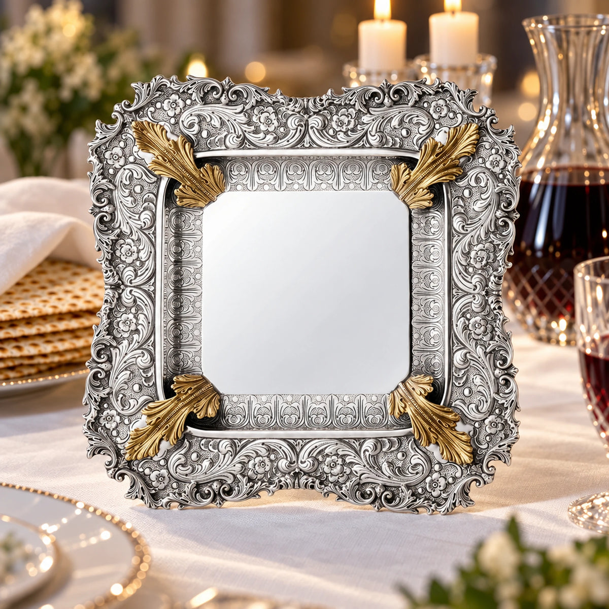 Eliyahu-Teller 925 Silber Signature teilvergoldet — Lifestyle-Setting am Sedertisch
