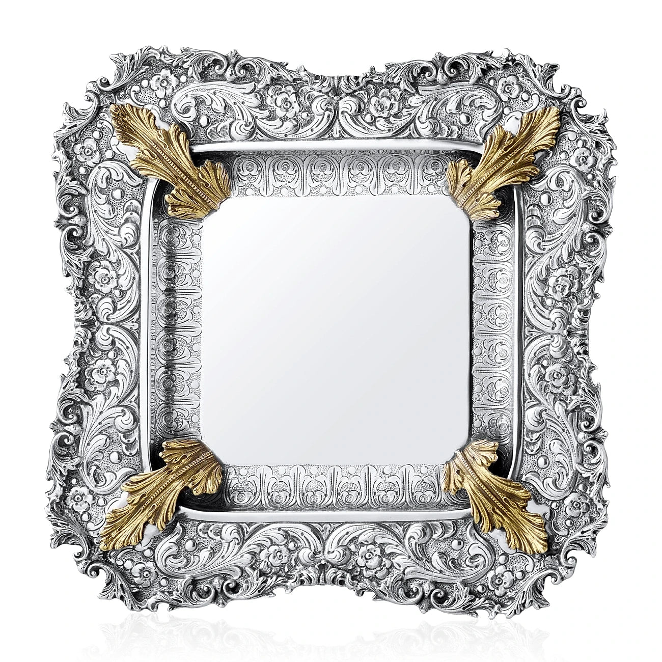 Eliyahu-Teller 925 Silber Signature 24x24 cm — vergoldete Akanthusvoluten an den Ecken, glatter Spiegel, Zaramella