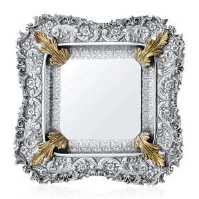 Eliyahu-Teller 925 Silber Signature 24x24 cm — vergoldete Akanthusvoluten an den Ecken, glatter Spiegel, Zaramella