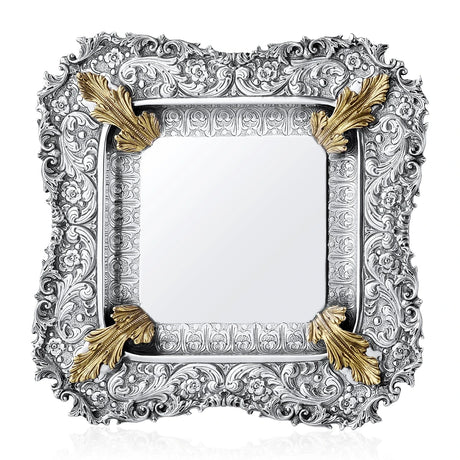 Eliyahu-Teller 925 Silber Signature 24x24 cm — vergoldete Akanthusvoluten an den Ecken, glatter Spiegel, Zaramella