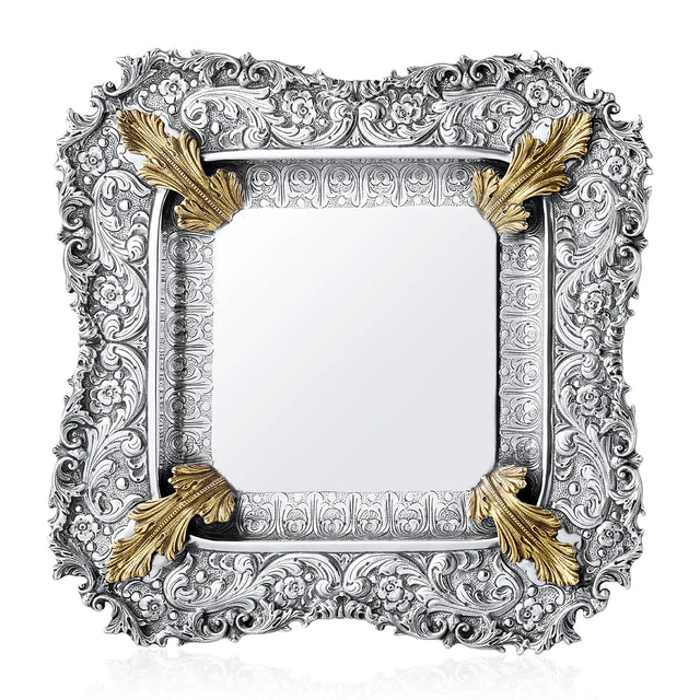 Eliyahu-Teller 925 Silber Signature 28x28 cm — vergoldete Akanthusvoluten an den vier Ecken, glatter Spiegel, Zaramella