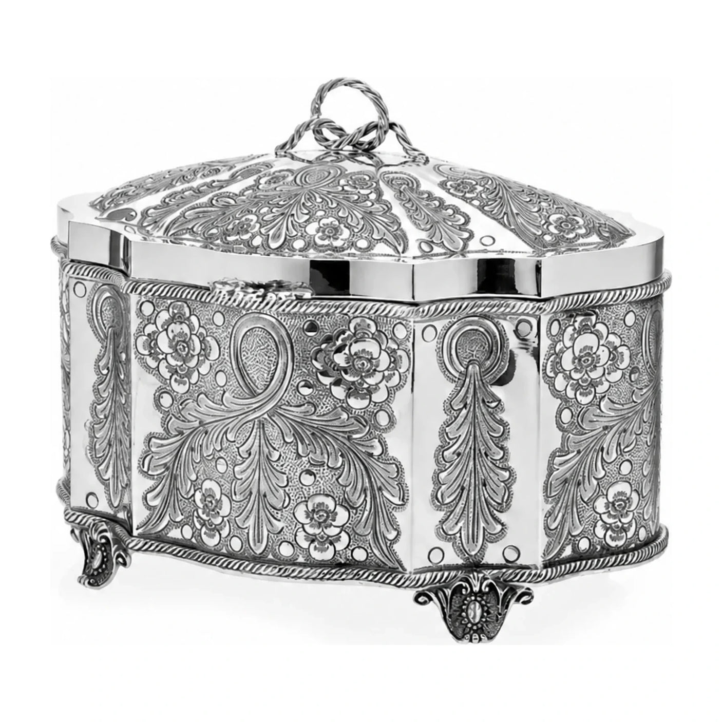 Etrog-Dose 925 Silber Zaramella — achteckig facettiert mit ziseliertem Rankenornament und Deckelring