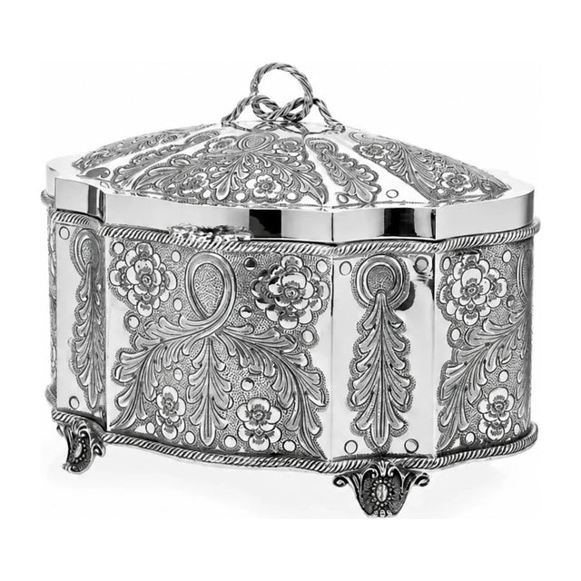 Etrog-Dose 925 Silber Zaramella — achteckig facettiert mit ziseliertem Rankenornament und Deckelring