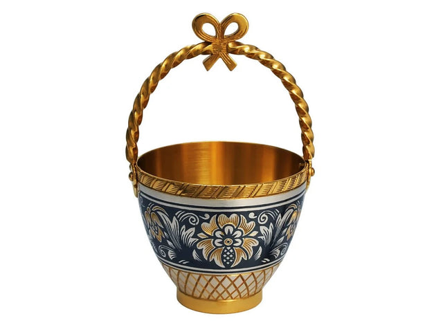 Silberschale 925 Silber vergoldet Körbchen — Schälchen mit dunklem Blütenornament, gedrehtem Goldhenkel und Schleife