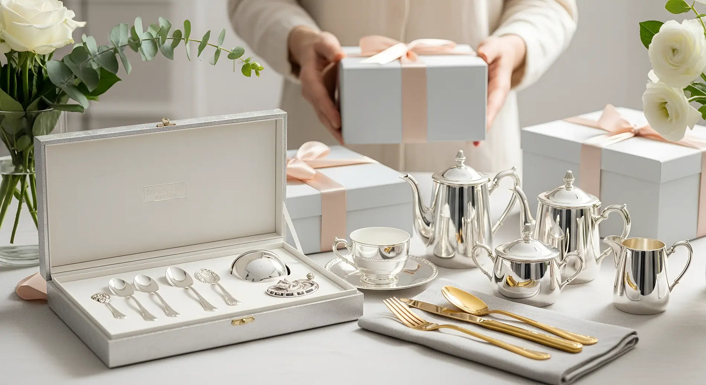 Exklusive Geschenksets aus 925 Silber – Babylöffel, Rassel und Tassen in edler Geschenkbox auf festlich gedecktem Tisch, Symbol für besondere Anlässe wie Geburt, Taufe und Hochzeit.