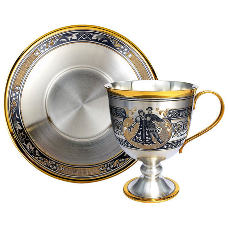 Kaffeetasse mit Untertasse aus 925er Silber mit Vergoldung & Niello-Verzierung 2-teilig Set