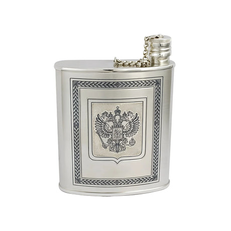Flachmann 925 Silber Niello Wappen — Silberflasche mit Doppeladler-Wappen, Niello-Bordüre und Schraubverschluss mit Kette