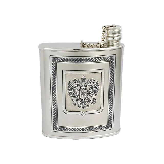 Flachmann 925 Silber Niello Wappen — Silberflasche mit Doppeladler-Wappen, Niello-Bordüre und Schraubverschluss mit Kette