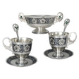Teeservice 925 Silber Niello für Zwei — Zuckerschale, zwei Tassen mit Untertassen und zwei Löffel, dunkles Blütenornament