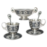 Teeservice 925 Silber Niello für Zwei — Zuckerschale, zwei Tassen mit Untertassen und zwei Löffel, dunkles Blütenornament